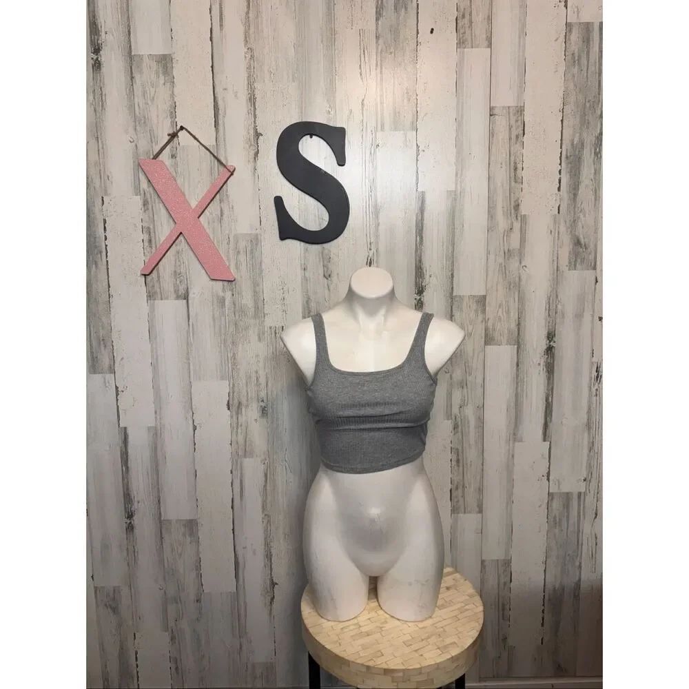 Grey Ribbed Cropped Tank Top Cami Womens Size XS Scoop Neck Layering Basic